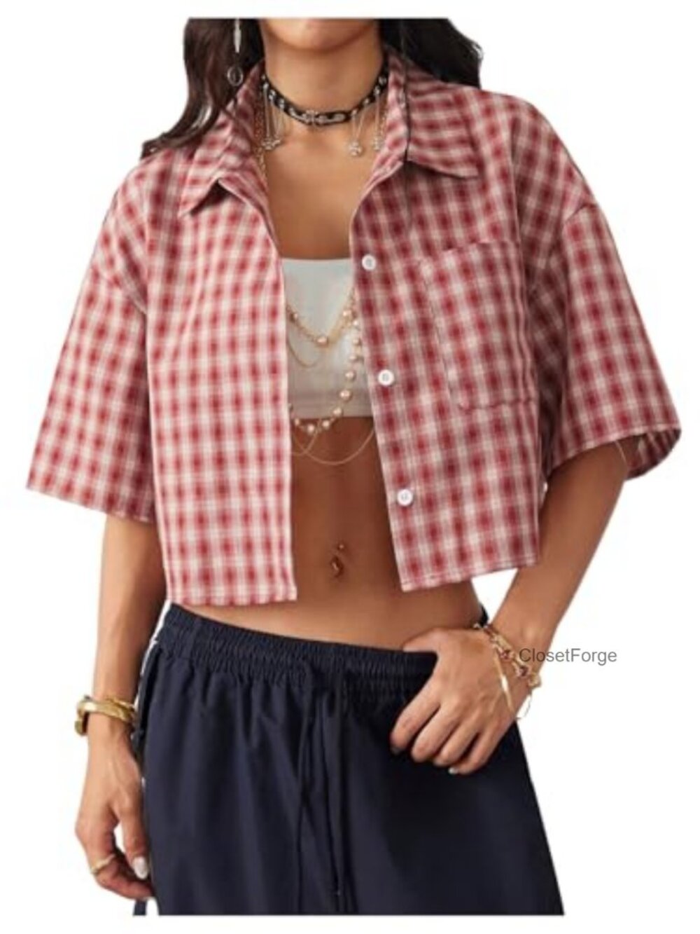 Women's Crop Button Down Shirt Plaid Short Sleeve Blouse